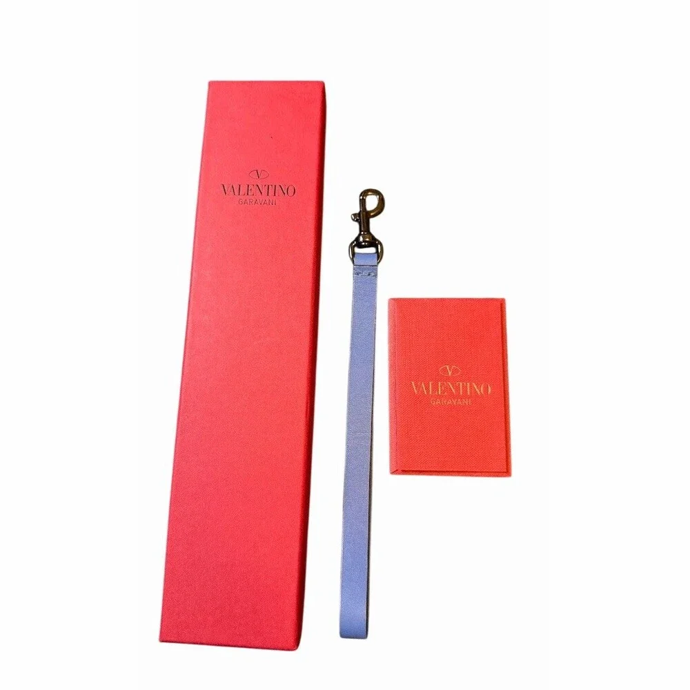 Valentino Garavani Wrist Strap Lanyard Keychain Blue Gunmetal Tone Clasp Box